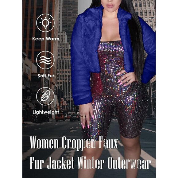 Women's Winter Faux Fur Long Sleeve Jacket Shaggy Open Front Cardigan Dark Blue - Picture 6 of 7